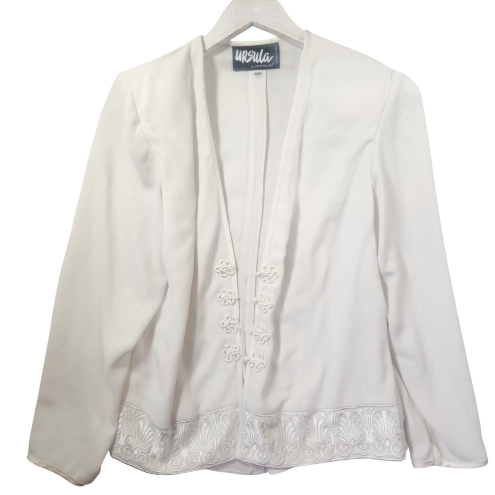 Ursula of Switzerland White Evening Jacket 14P Frog Closure Embroidered Formal